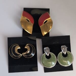 (3) Pairs Vintage Geometric Pierced Earrings - Metal Enamel Stylish Chic